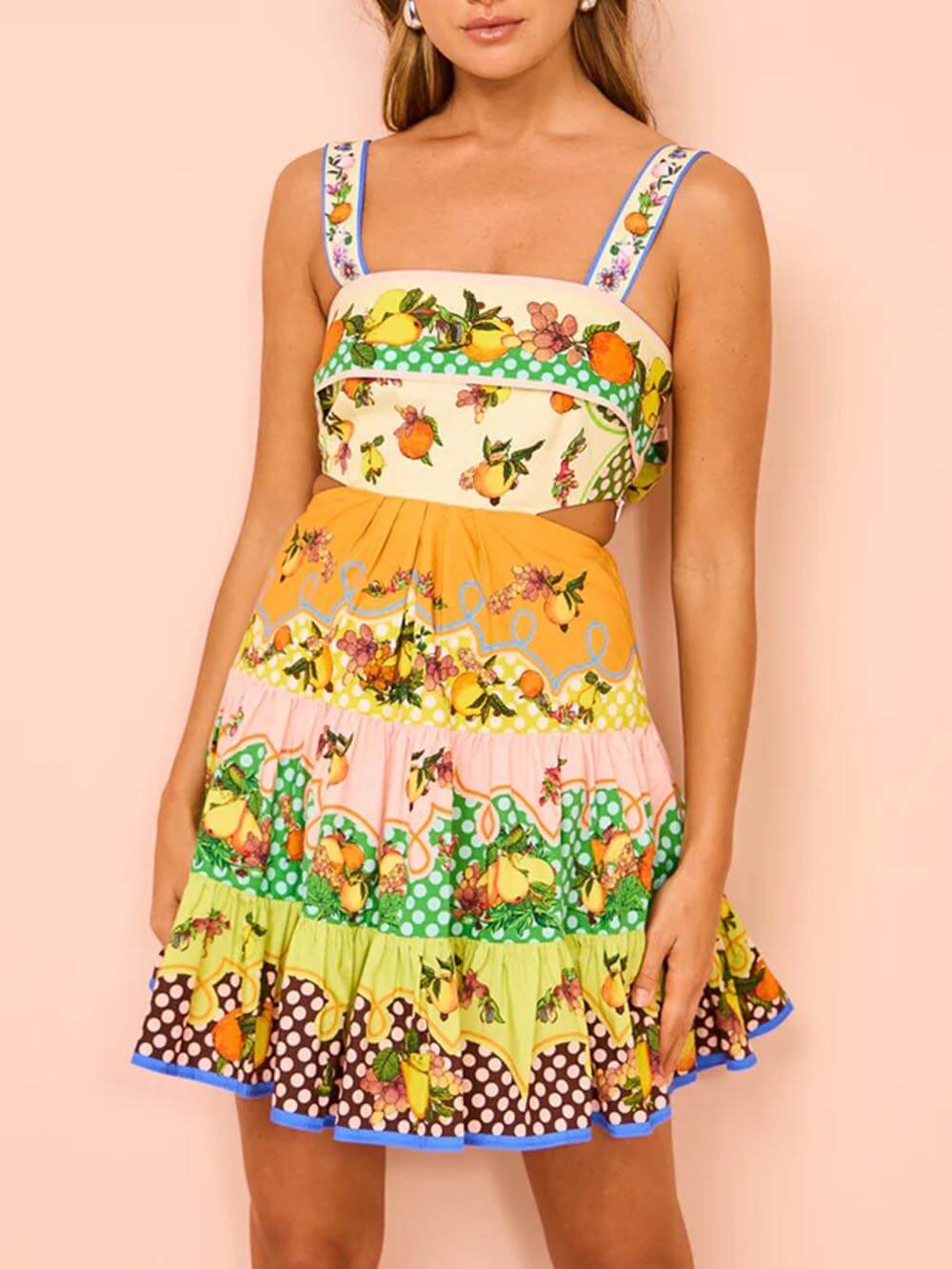 Variant image for Dames Korte Jurk Vrolijke Fruitprint en Speelse Stroken - Emma-1