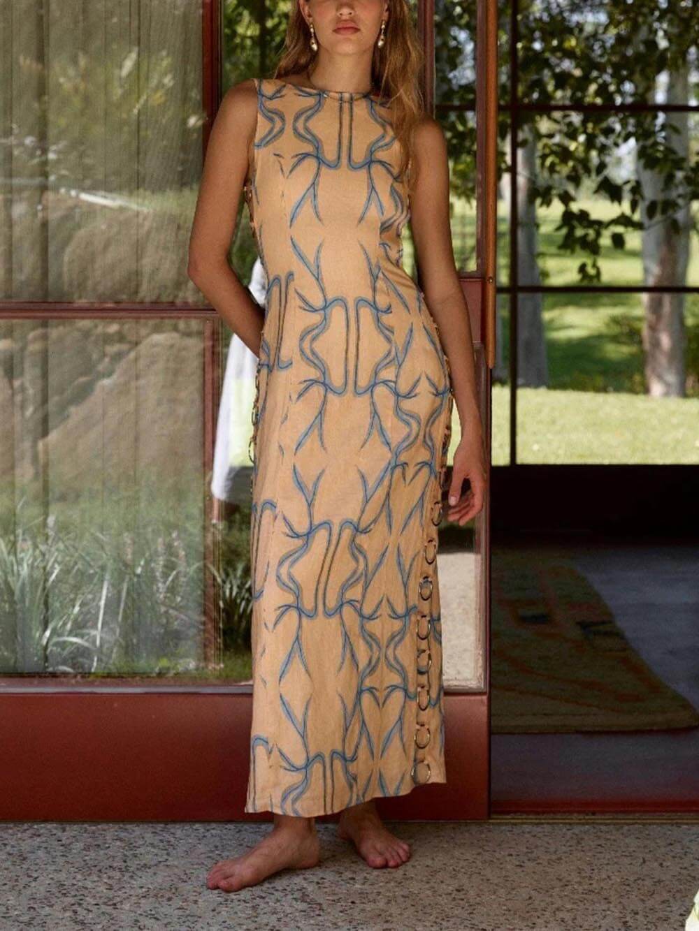 Dames Mouwloze Maxi-Jurk met Abstracte Borduursels - Zomerstijl-2