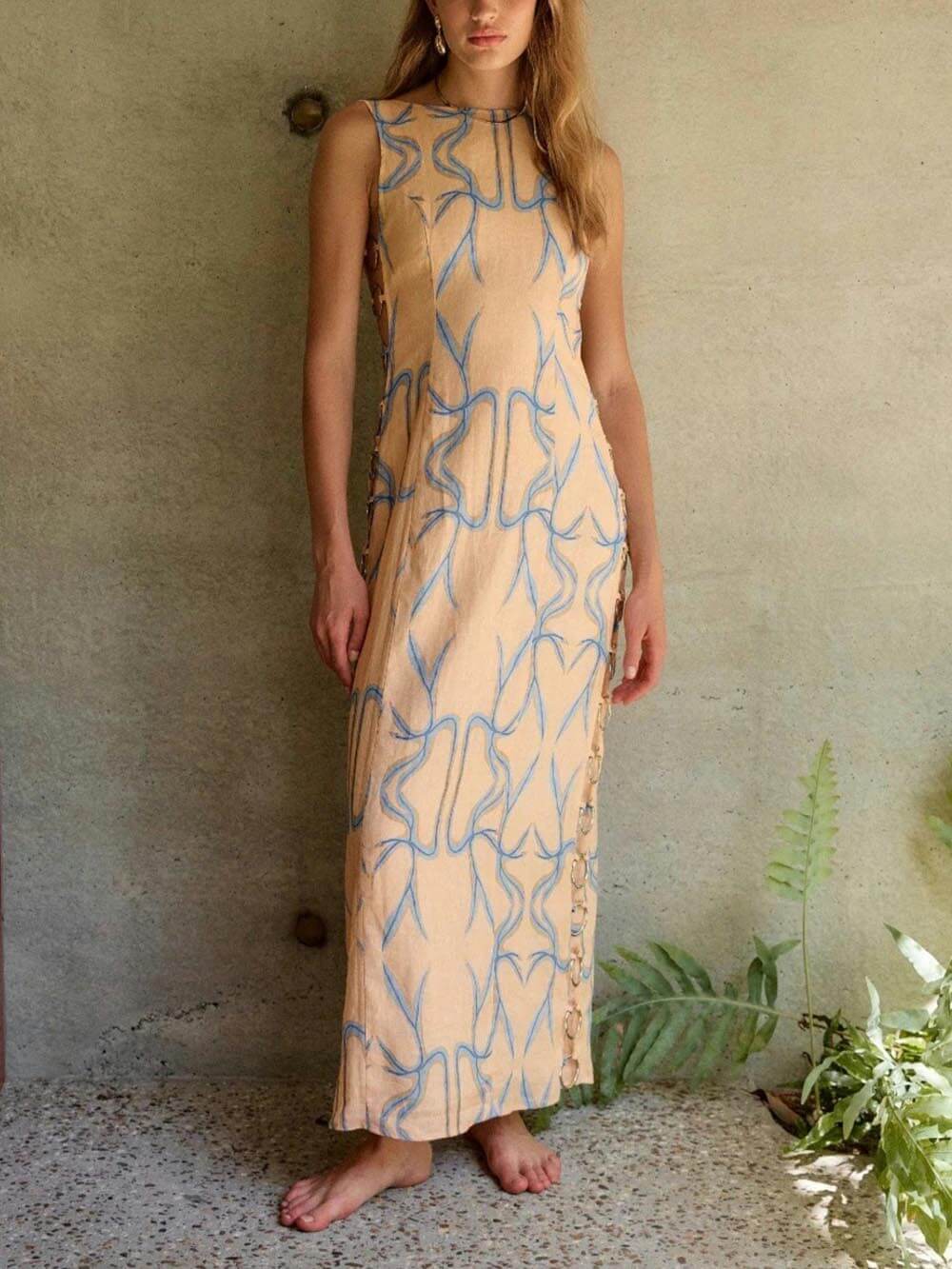 Dames Mouwloze Maxi-Jurk met Abstracte Borduursels - Zomerstijl-1