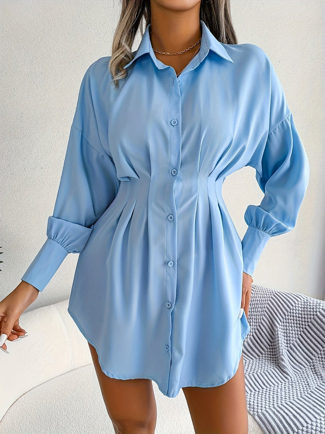 Dames Overhemdjurk Geplooide Taille met Lantaarnmouwen - Lara-3
