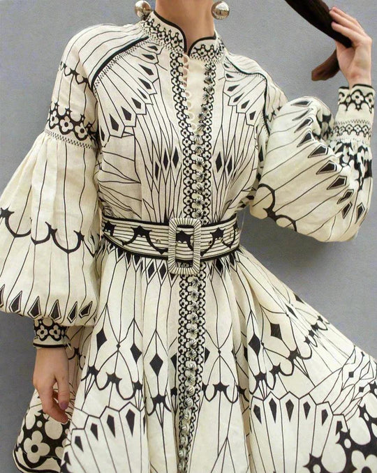 Dames Lange Jurk Elegante Vlinderprint met Taille Riem - Anartia-5
