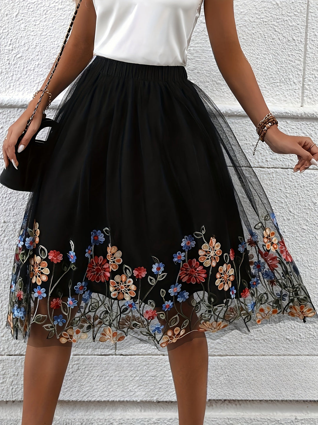 Dames Midi Rok Bloemengborduurd Elegante Mesh Overlay - Reeva-5