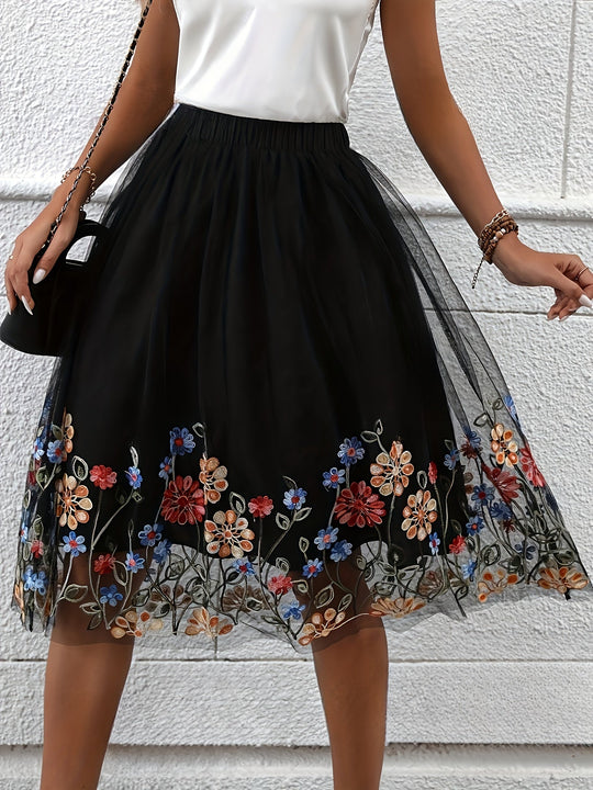 Dames Midi Rok Bloemengborduurd Elegante Mesh Overlay - Reeva-5