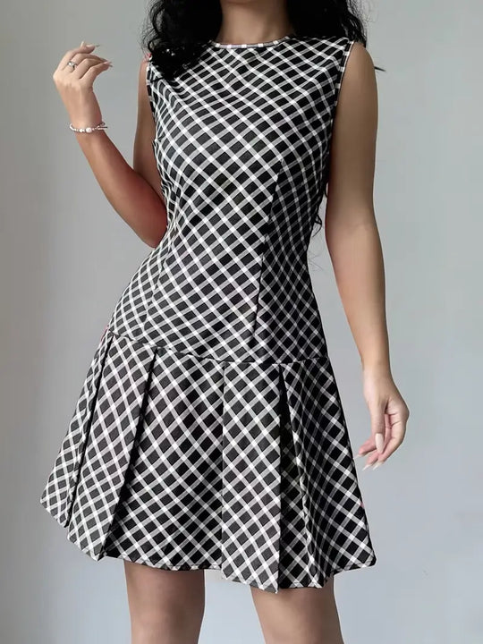 Variant image for Dames Mouwloze A-lijn Jurk met Plooien en Ruitpatroon - Vintage Chic-11