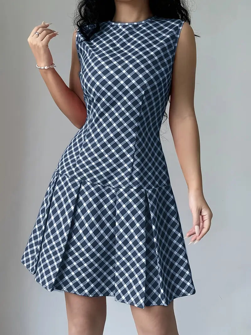 Dames Mouwloze A-lijn Jurk met Plooien en Ruitpatroon - Vintage Chic-1