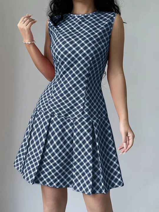 Dames Mouwloze A-lijn Jurk met Plooien en Ruitpatroon - Vintage Chic-1
