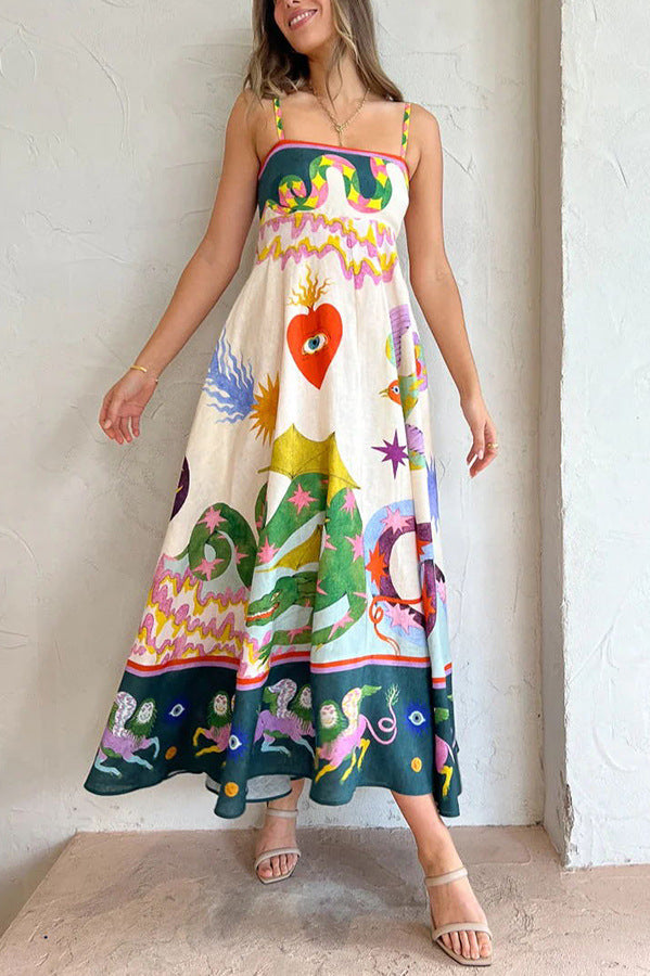 Dames Maxi Jurk Met Spaghettibandjes Artistieke Print - Zomerstijl-2