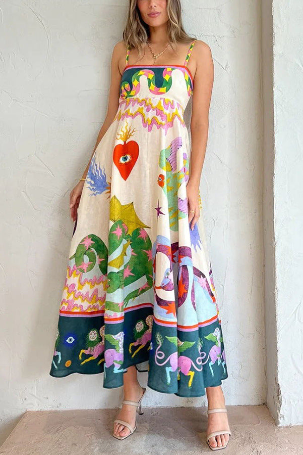 Dames Maxi Jurk Met Spaghettibandjes Artistieke Print - Zomerstijl-1