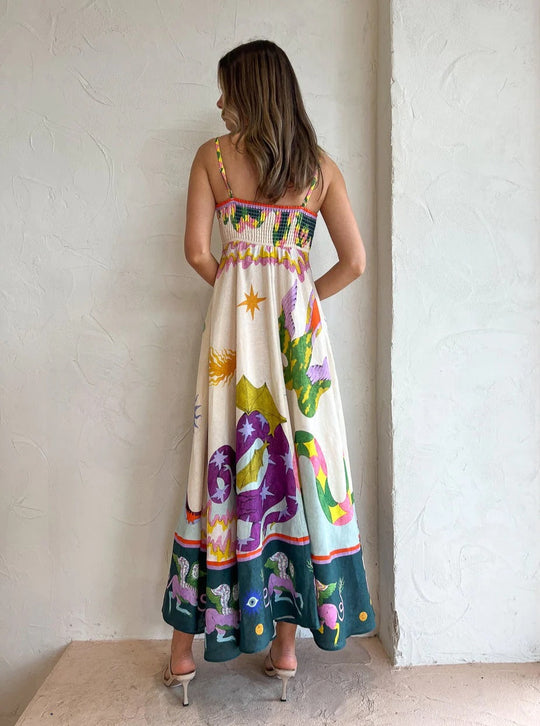 Dames Maxi Jurk Met Spaghettibandjes Artistieke Print - Zomerstijl-3