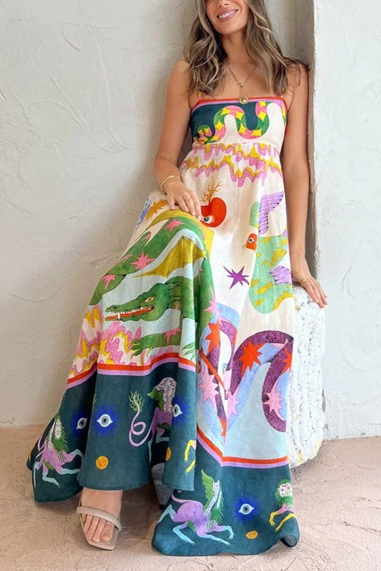 Dames Maxi Jurk Met Spaghettibandjes Artistieke Print - Zomerstijl-5