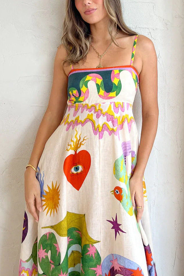 Dames Maxi Jurk Met Spaghettibandjes Artistieke Print - Zomerstijl-6