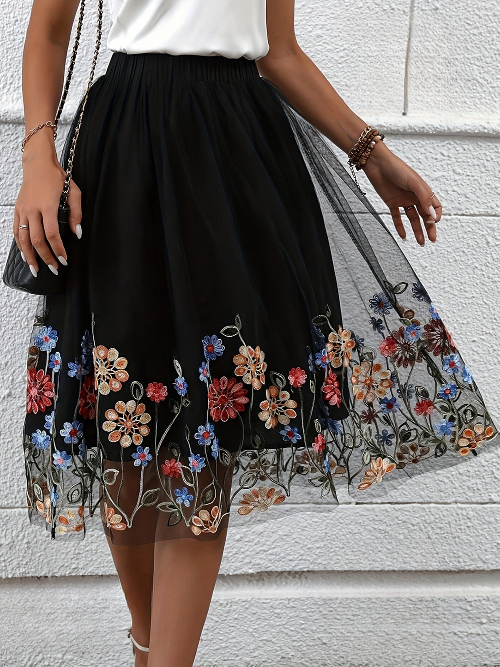 Dames Midi Rok Bloemengborduurd Elegante Mesh Overlay - Reeva-3