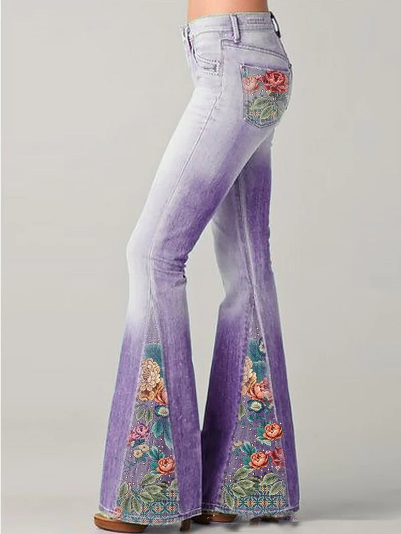 Flared Jeans Dames | Ombre Bloemenprint & Statement Look