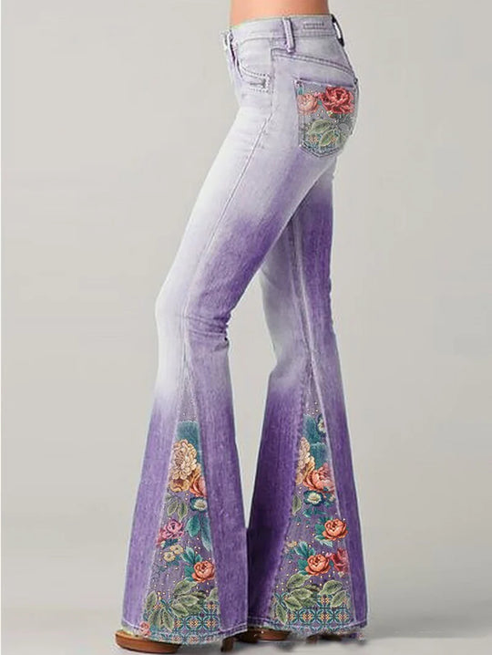 Flared Jeans Dames | Ombre Bloemenprint & Statement Look