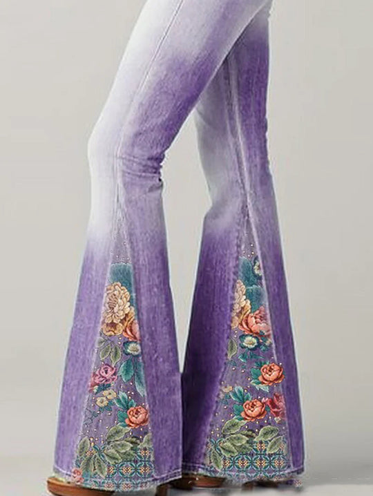 Flared Jeans Dames | Ombre Bloemenprint & Statement Look