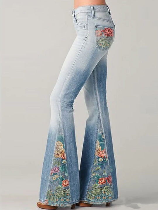 Flared Jeans Dames | Ombre Bloemenprint & Statement Look