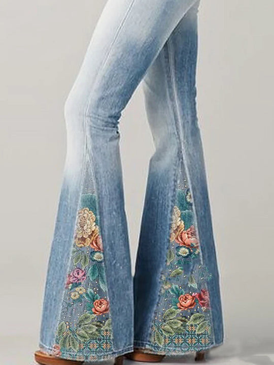 Flared Jeans Dames | Ombre Bloemenprint & Statement Look