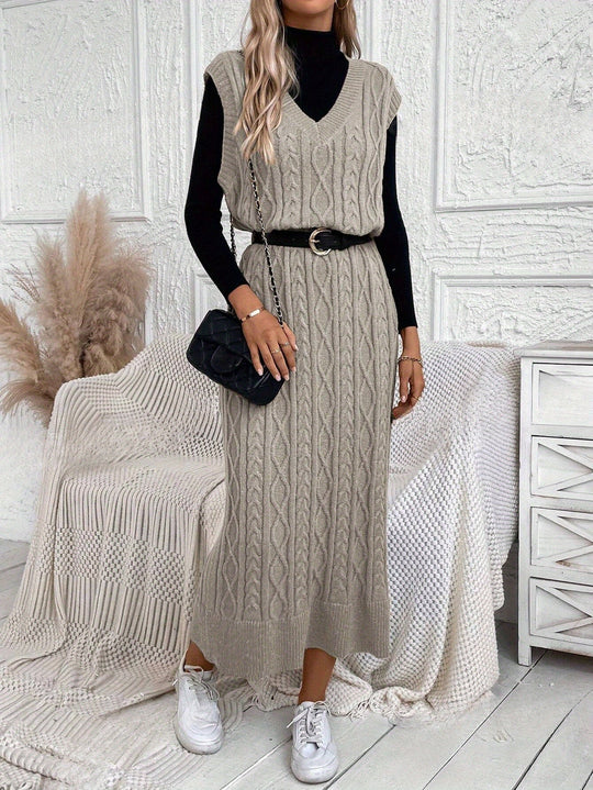 Dames Mouwloze Maxi Jurk Elegant Kabelpatroon V-hals - Evelien-1