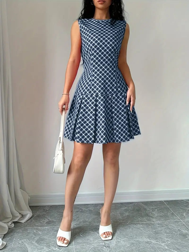Dames Mouwloze A-lijn Jurk met Plooien en Ruitpatroon - Vintage Chic-2