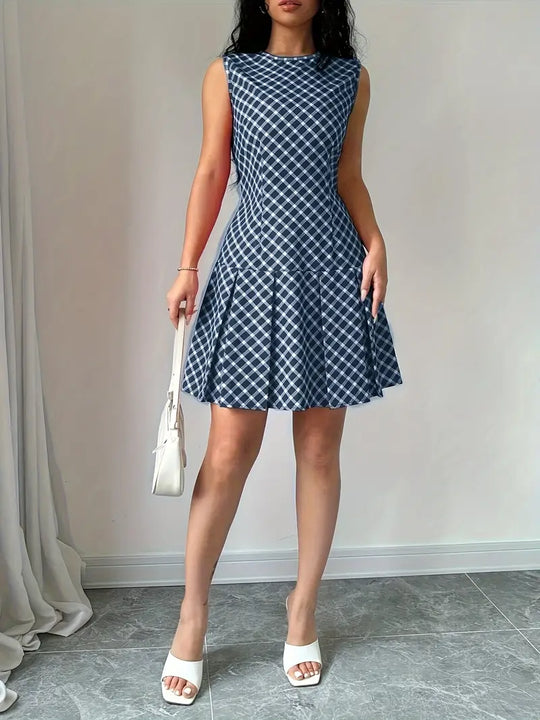 Dames Mouwloze A-lijn Jurk met Plooien en Ruitpatroon - Vintage Chic-2