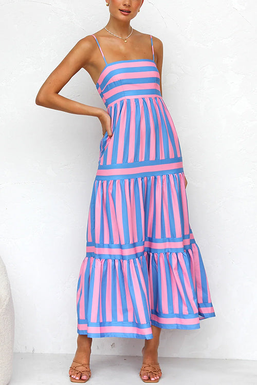 Variant image for Dames Gestreepte Maxi Jurk met Gelaagd Ontwerp en Spaghetti-Riemen - Sophie-8