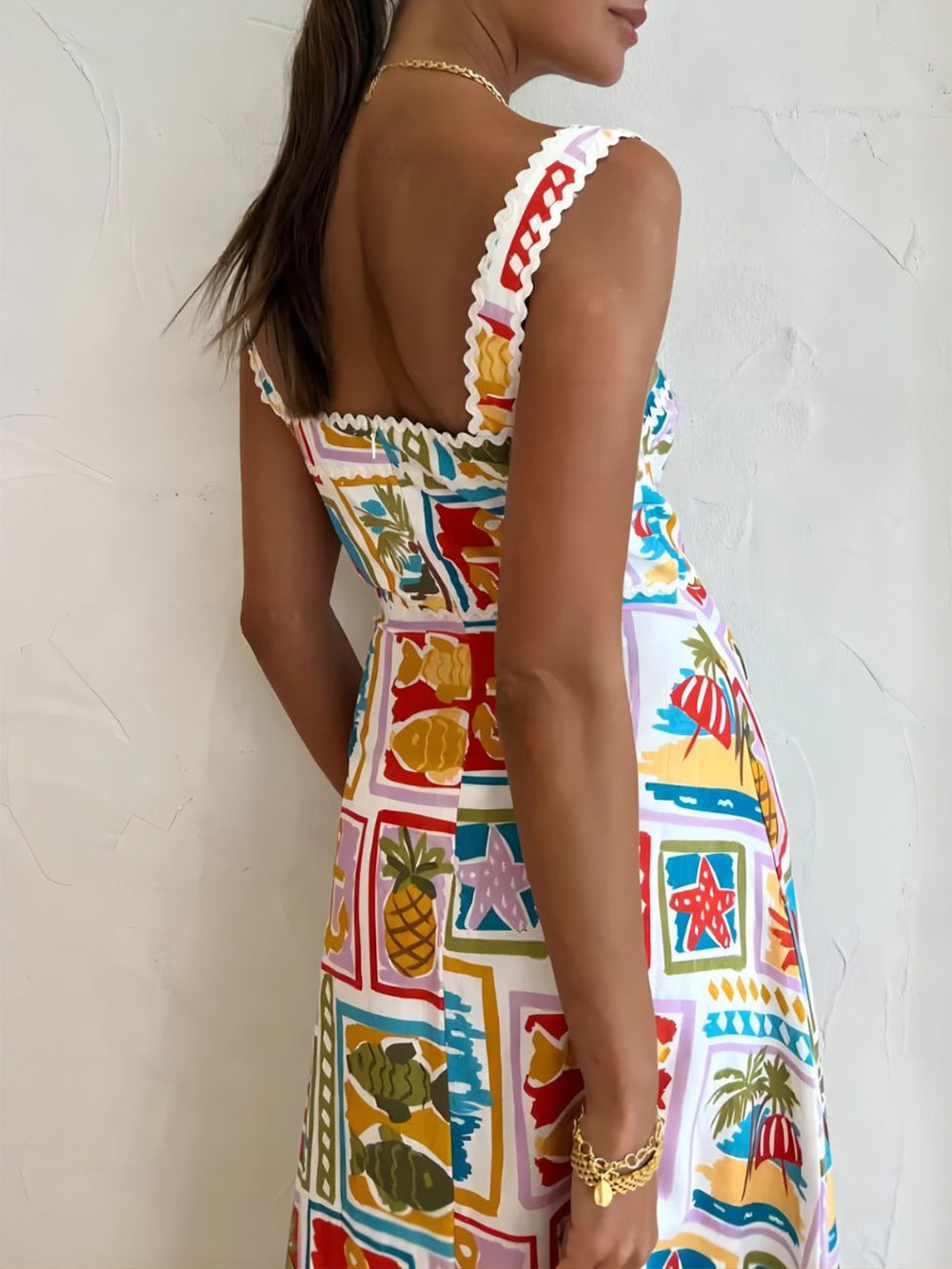 Dames Maxi Zomerjurk Met Speelse Strandprint En Vierkante Halslijn - Zomer Vibes-2