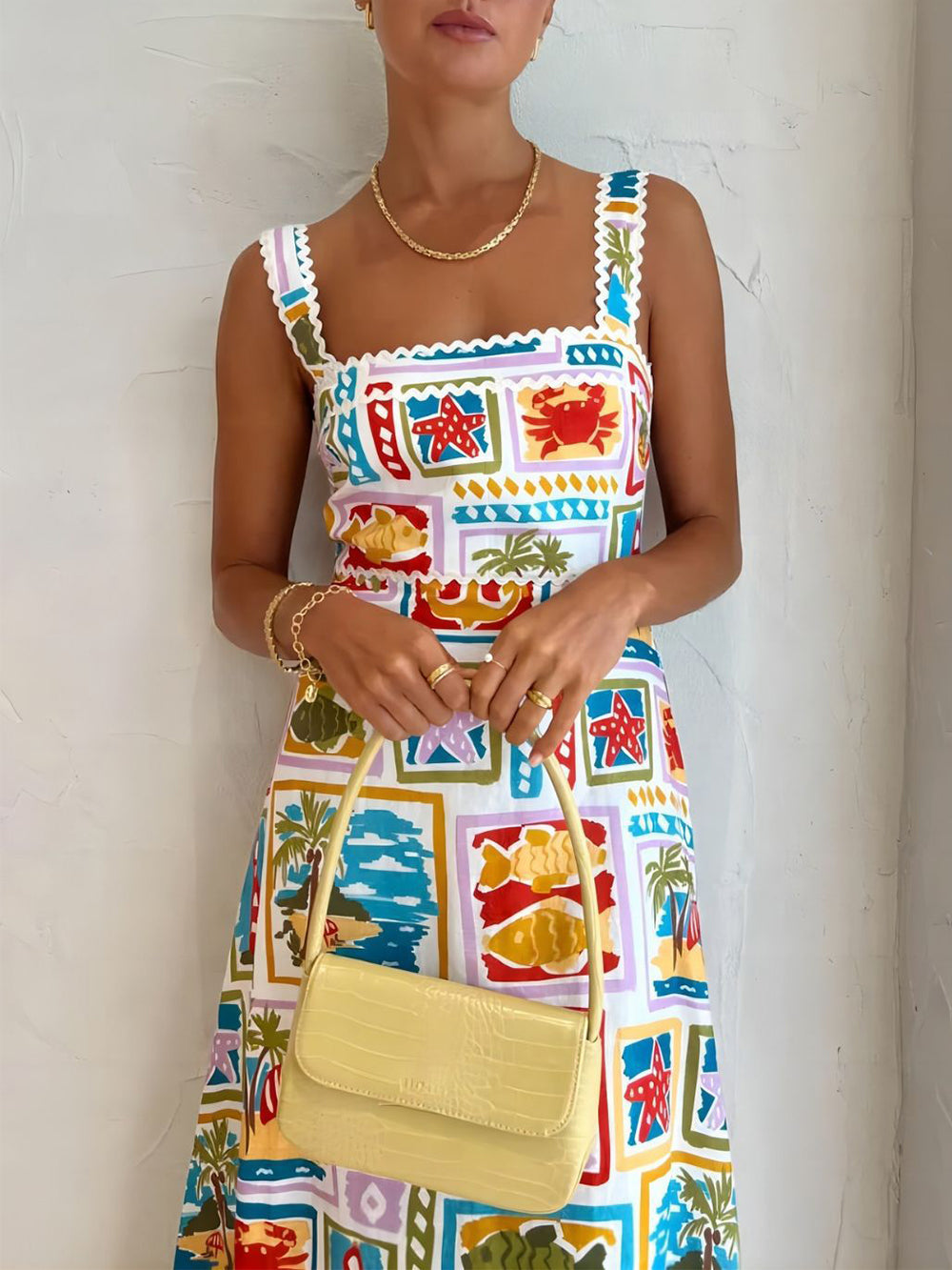 Dames Maxi Zomerjurk Met Speelse Strandprint En Vierkante Halslijn - Zomer Vibes-3