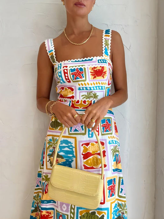 Dames Maxi Zomerjurk Met Speelse Strandprint En Vierkante Halslijn - Zomer Vibes-3