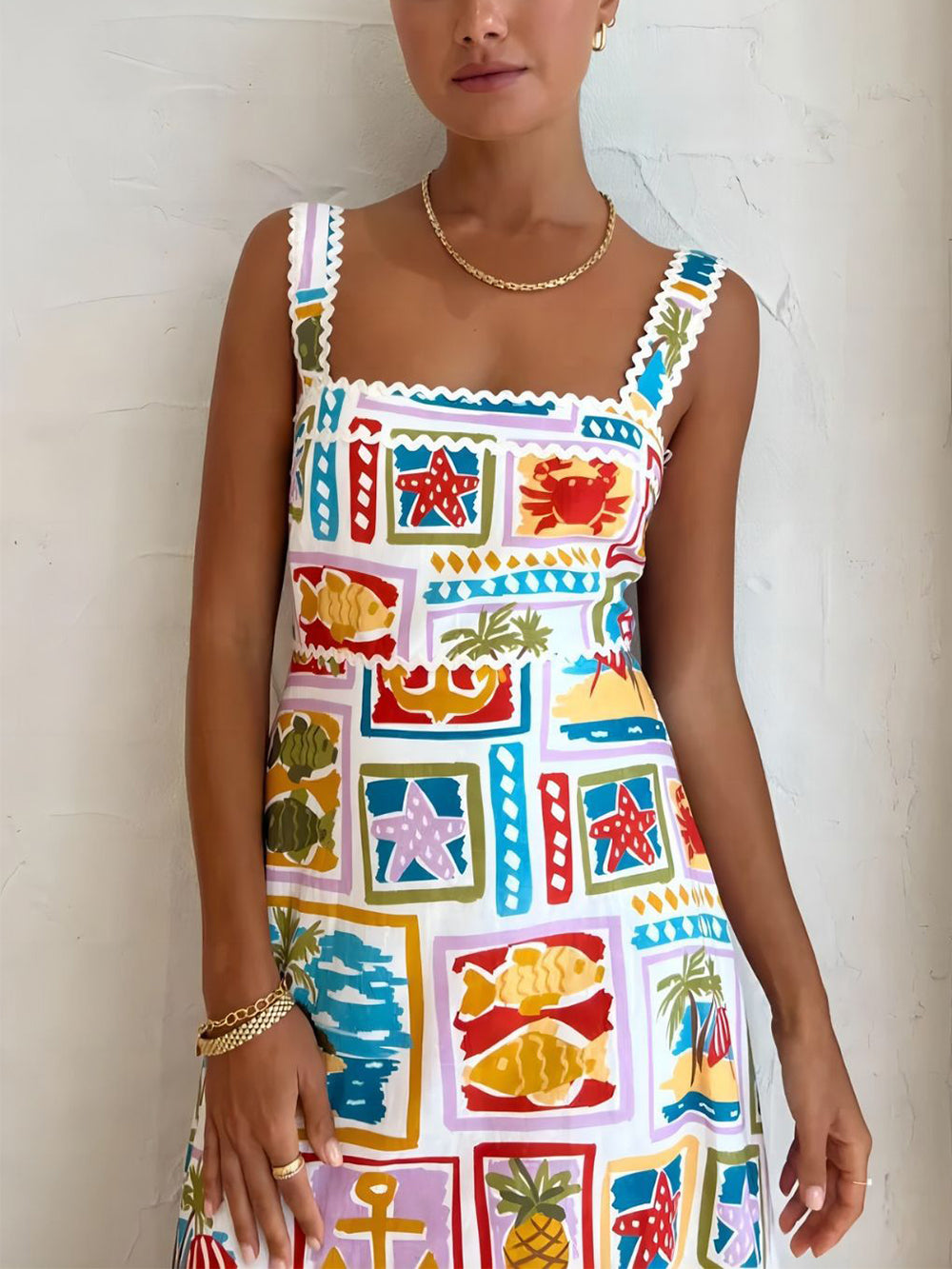 Dames Maxi Zomerjurk Met Speelse Strandprint En Vierkante Halslijn - Zomer Vibes-4