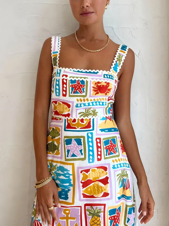 Dames Maxi Zomerjurk Met Speelse Strandprint En Vierkante Halslijn - Zomer Vibes-4