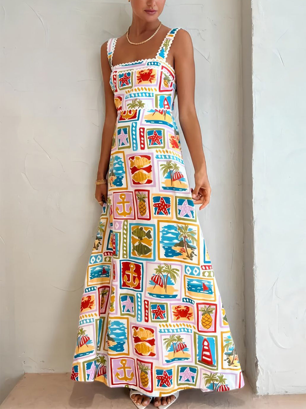 Dames Maxi Zomerjurk Met Speelse Strandprint En Vierkante Halslijn - Zomer Vibes-6