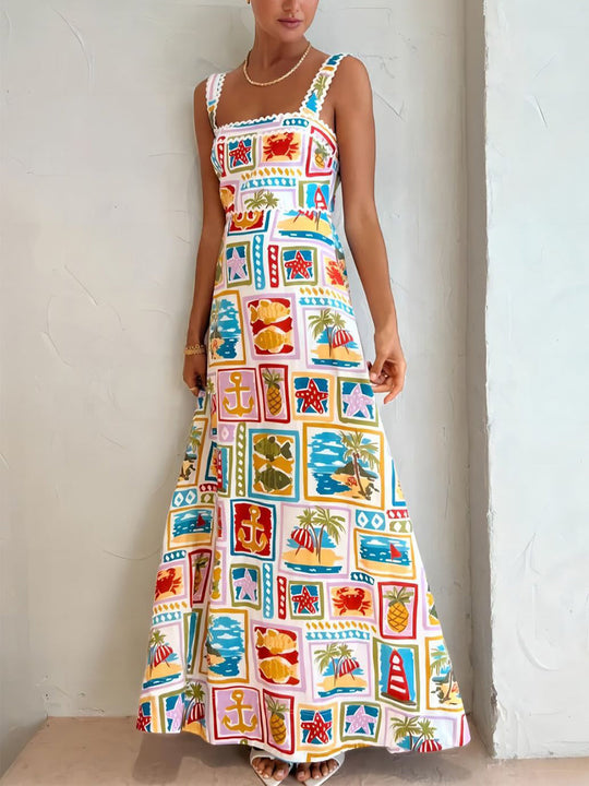 Dames Maxi Zomerjurk Met Speelse Strandprint En Vierkante Halslijn - Zomer Vibes-6