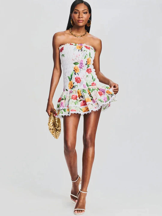 Dames Straploze Mini Jurk Bloemenprint met Smock Detail - Zomer Chic-1
