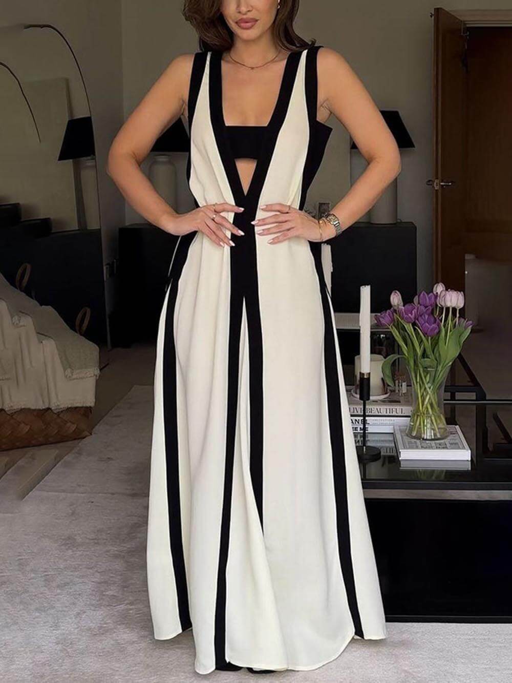 Dames Maxi Jurk Diepe V-Hals en Cut-Out Detail - Zwart-Wit Elegant-2