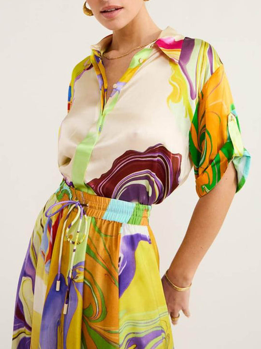 Dames Lange Jurk Abstracte Print Overhemdkraag - Sophie-4