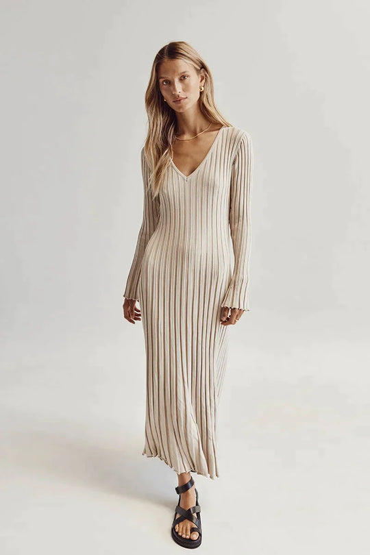 Dames Midi-Jurk V-hals Gebreid Stijlvol en Comfortabel - Luna-1