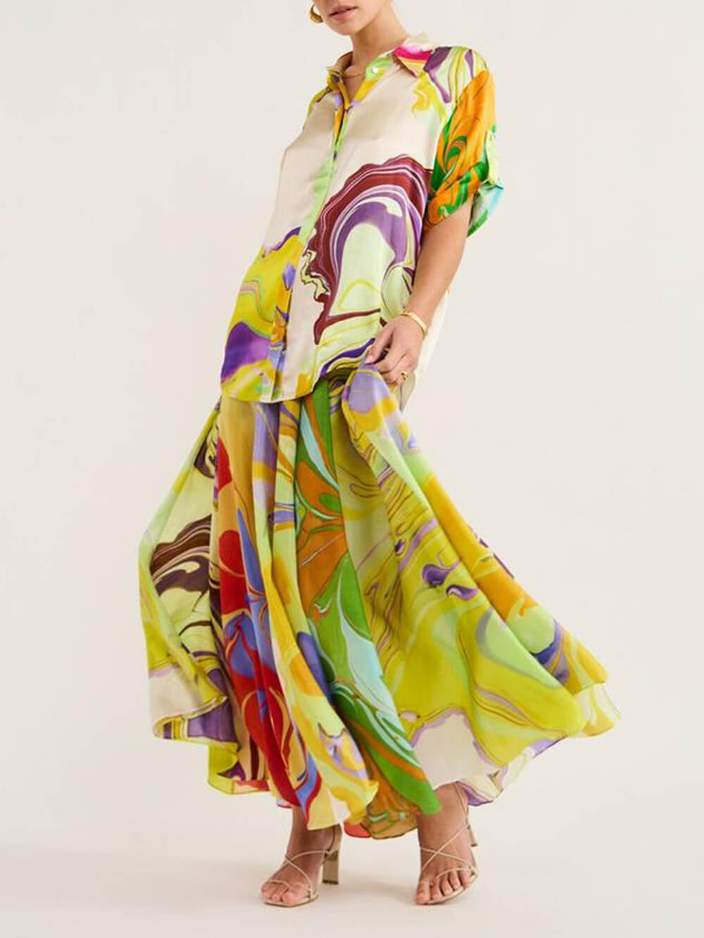 Dames Lange Jurk Abstracte Print Overhemdkraag - Sophie-5