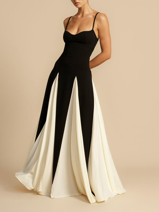 Dames Strapless Maxi Avondjurk Vloeiende Rok Zwart-Witte Panelen - Emma-4