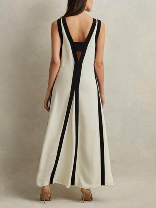 Dames Maxi Jurk Diepe V-Hals en Cut-Out Detail - Zwart-Wit Elegant-3