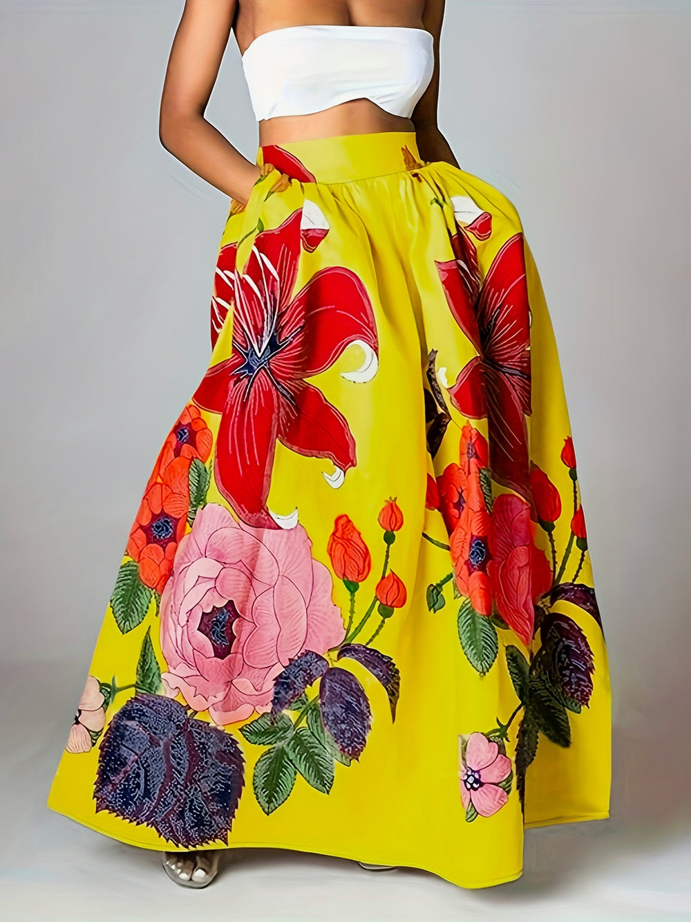 Variant image for Dames Hoge Taille Bloemenprint Maxi Rok - Elegant A-Lijn Design-1