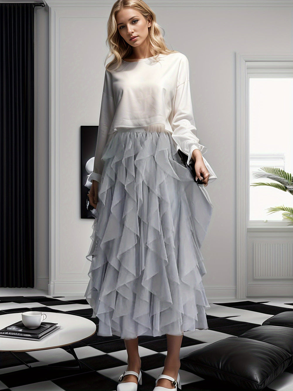 Dames Gelaagde Maxi Rok van Mesh met Elastische Taille - Elegant Design-6