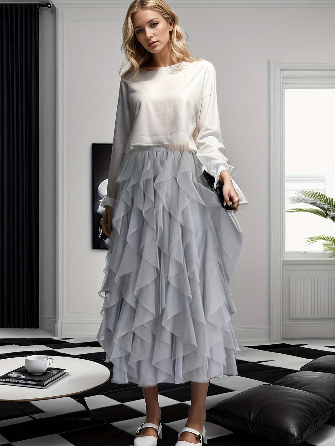 Dames Gelaagde Maxi Rok van Mesh met Elastische Taille - Elegant Design-6