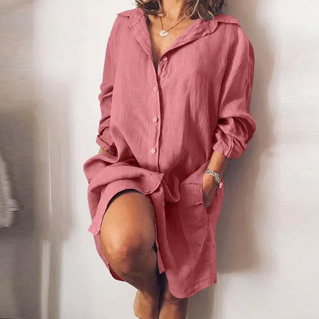 Variant image for Dames Zomerjurk Lange Mouwen Knoopsluiting met Zakken - Emma-15