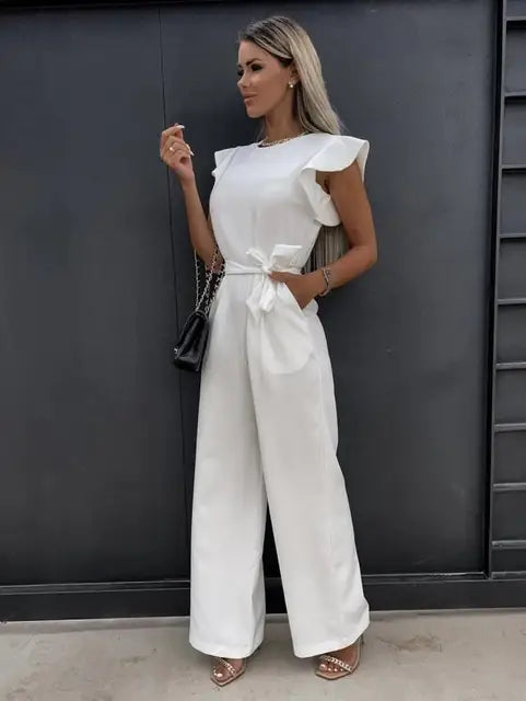 Dames Jumpsuit Feestelijk met Elegante Ruchemouwen en Wijde Pijpen - Peach-6