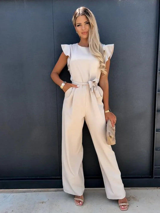 Dames Jumpsuit Feestelijk met Elegante Ruchemouwen en Wijde Pijpen - Peach-1