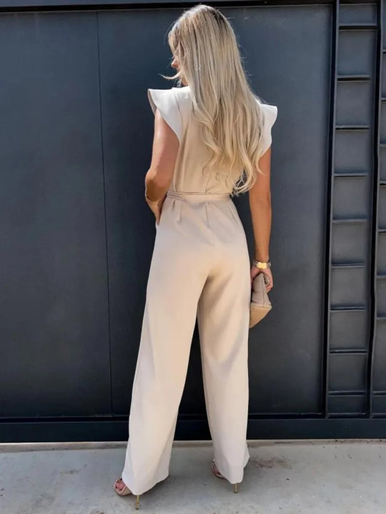 Dames Jumpsuit Feestelijk met Elegante Ruchemouwen en Wijde Pijpen - Peach-4