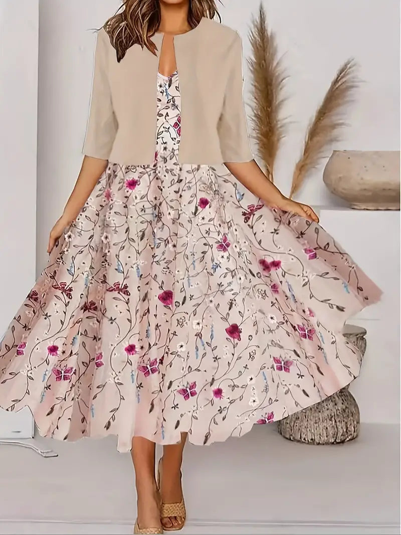 Variant image for Dames Tweedelige Jurk V-Hals Bloemenprint - Stijlvol Zomer Outfit-1