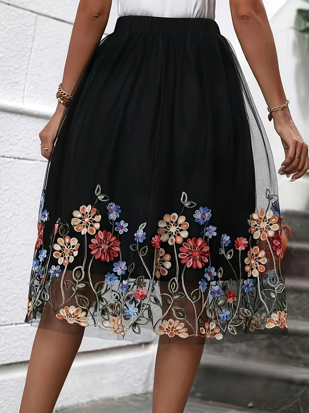 Dames Midi Rok Bloemengborduurd Elegante Mesh Overlay - Reeva-4