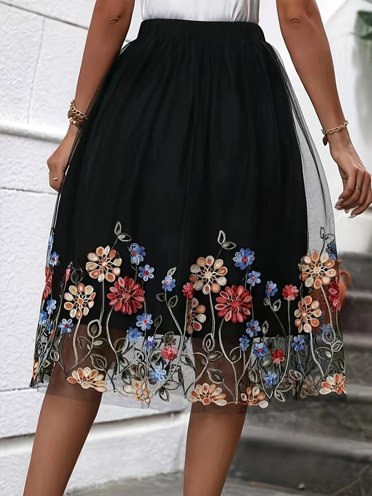 Dames Midi Rok Bloemengborduurd Elegante Mesh Overlay - Reeva-4