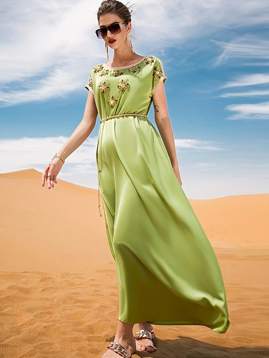 Dames Gala Jurk Avocado Groen Satijn met Strass Steentjes - Elegant Midi Dress-3